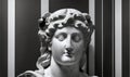 Marble head statue of an ancient Greek god athena on a black and white stripes background. Generative AI
