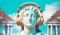 Marble head statue of an ancient Greek god athena with headphones. Generative AI