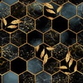 Marble hexagon seamless pattern with golden leaves Royalty Free Stock Photo