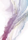 Marble holographic colorful liquid shape background. Dynamic watercolor violet pastel composition with gold sparkle foil. Eps10