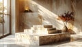 Marble interior design with minimal step altar and decorative vase under warm sunlight symbolizing luxury, elegance Royalty Free Stock Photo