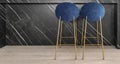 Marble island and Blue velvet bar stools with golden legs in modern kitchen interior with wood floor.