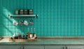 Marble kitchen countertop with turquoise tiled wall, under morning sunshine, and wall hung kitchen shelf various kitchenware on it