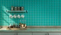 Marble kitchen countertop with turquoise tiled wall, under morning sunshine, and wall hung kitchen shelf various kitchenware on it