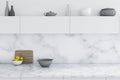 Marble kitchen, white counters close up