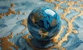 marble-like surface with gold leaf-like patterns features blue marble globe with gold accents, casting shadow Royalty Free Stock Photo