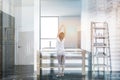 Marble luxury bathroom, shower and sink, woman Royalty Free Stock Photo