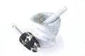 Marble mortar and pestle with floor scoop.