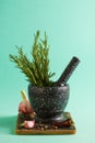 Marble mortar and pestles with rosemary garlic and pepper Royalty Free Stock Photo