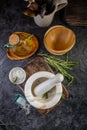 Herbs and Spices, Mortar and Pestle, Rosemary, Olive Oil and Salt Royalty Free Stock Photo