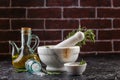 Herbs and Spices, Mortar and Pestle, Rosemary, Olive Oil and Salt Royalty Free Stock Photo