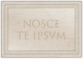 Marble plaque with ancient Latin proverb `NOSCE TE IPSUM`