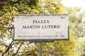 Marble plate with street name piazza Mertin Lutero - engl: Martin Luter square - in Rome