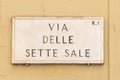 Marble plate with street via delle sette sale- engl: sette street - at the wall in Rome