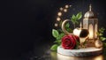 marble podium with arabic lantern, red roses and gold heart, ai generated Royalty Free Stock Photo