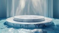 Marble podium display with waterfall in serene blue environment Royalty Free Stock Photo