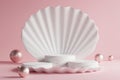 Marble podium placed on a white shell with a beautiful pink background.3d rendering Royalty Free Stock Photo