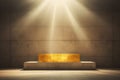 Marble podium in rays of sunlight against a background of a gray marble wall