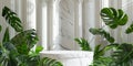 Marble podium with tropical plants, columns, and lush greenery Royalty Free Stock Photo
