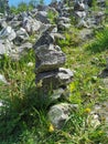 A marble pyramid built on the slope of the White Mountain to fulfill a wish in the Ruskeala Mountain Park on a sunny summer day