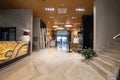 Marble reception desk in hotel lobby