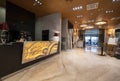 Marble reception desk in hotel lobby