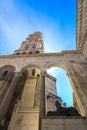 Marble roman architecture in city center of town Split, view at square Peristil in front of cathedral Saint Domnius and bell tower