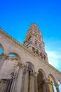 Marble roman architecture in city center of town Split, view at square Peristil in front of cathedral Saint Domnius and bell tower