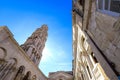 Marble roman architecture in city center of town Split, view at square Peristil in front of cathedral Saint Domnius and bell tower