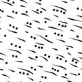 Marble Shoot, slanted black dashes and dots on white background. Seamless surface pattern design.