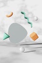 Marble sphere gray cilynder terracotta cube turquoise wave cone zero gravity abstract shapes 3D rendering Geometry scene