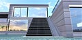 The marble staircase up to the terrace on the roof top of the contemporary suburban house with large panoramic windows. 3d Royalty Free Stock Photo