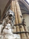 Marble statue of the Medici lion. Since 1789, it has been exhibited in the Loggia Lanca in Florence Toscana, Italy