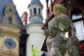 Marble statue of a woman on a background of Peles Castle, Romania Royalty Free Stock Photo