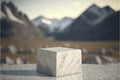 Marble stone pieces with blurred landscape background for product display, rough geometric rock shapes.