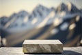 Marble stone pieces with blurred landscape background for product display, rough geometric rock shapes.