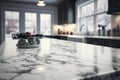 Marble stone table top with marble surface in monochrome kitchen, blur kitchen interior background. generative ai Royalty Free Stock Photo