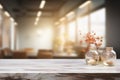 Marble stone tabletop and blurred bokeh office interior space background 