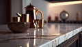 Marble table top with kitchen Background. Blurred kitchen interior background.