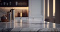 Marble table top with kitchen Background. Blurred kitchen interior background.