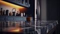 Marble table top with kitchen Background. Blurred kitchen interior background.