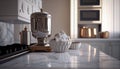 Marble table top with kitchen Background. Blurred kitchen interior background.