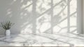 Marble table with window shadow drop on white wall background for mockup product. Generative Ai Royalty Free Stock Photo