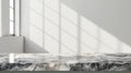 Marble table with window shadow drop on white wall background for mockup product. Generative Ai Royalty Free Stock Photo