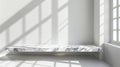 Marble table with window shadow drop on white wall background for mockup product. Generative Ai Royalty Free Stock Photo