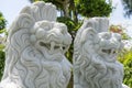 Marble white lion statue in outdoors park, Vietnam. Close up Royalty Free Stock Photo