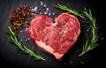 marbled beef steak like heart shape and rosemary hearb on dark background