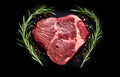 marbled beef steak like heart shape and rosemary hearb on dark background