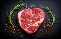 marbled beef steak like heart shape and rosemary hearb on dark background