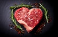 marbled beef steak like heart shape and rosemary hearb on dark background